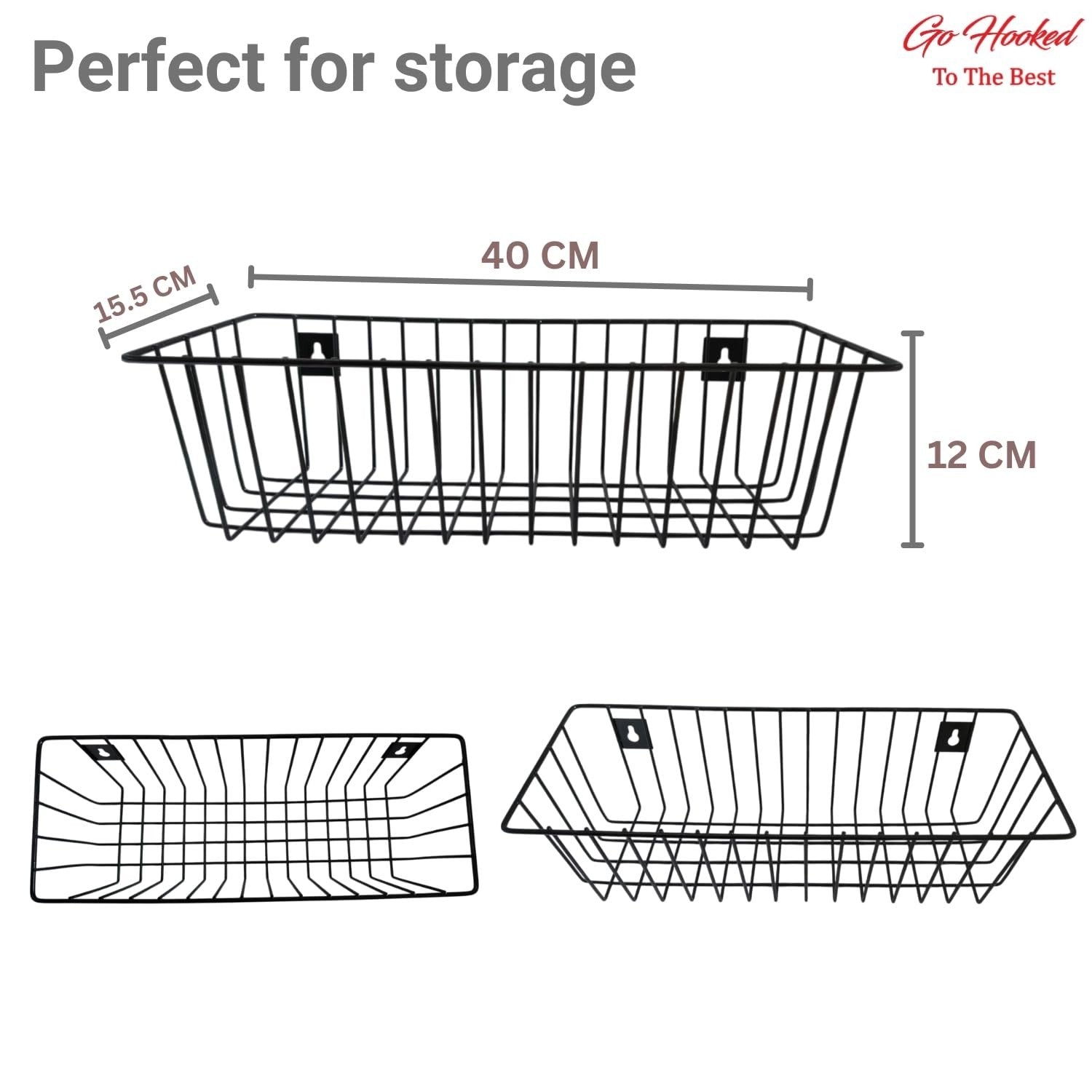 GoHooked black metal wall mount storage basket organizer, 40cm x 15.5cm x 12cm, perfect for bathrooms, kitchens, offices.