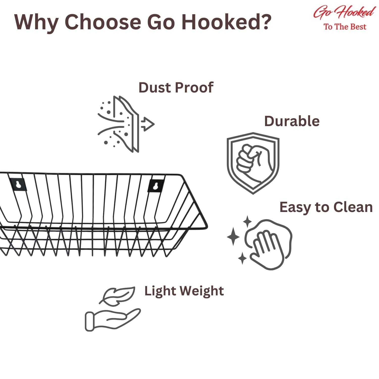 GoHooked black metal wall mount storage basket organizer, durable, dust proof, lightweight, easy to clean.