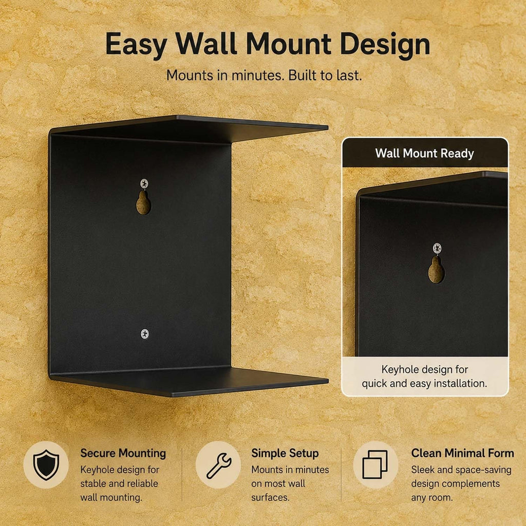 GoHooked black heavy duty metal wall mounted shelf with keyhole design for easy installation. Ideal for books or decor.