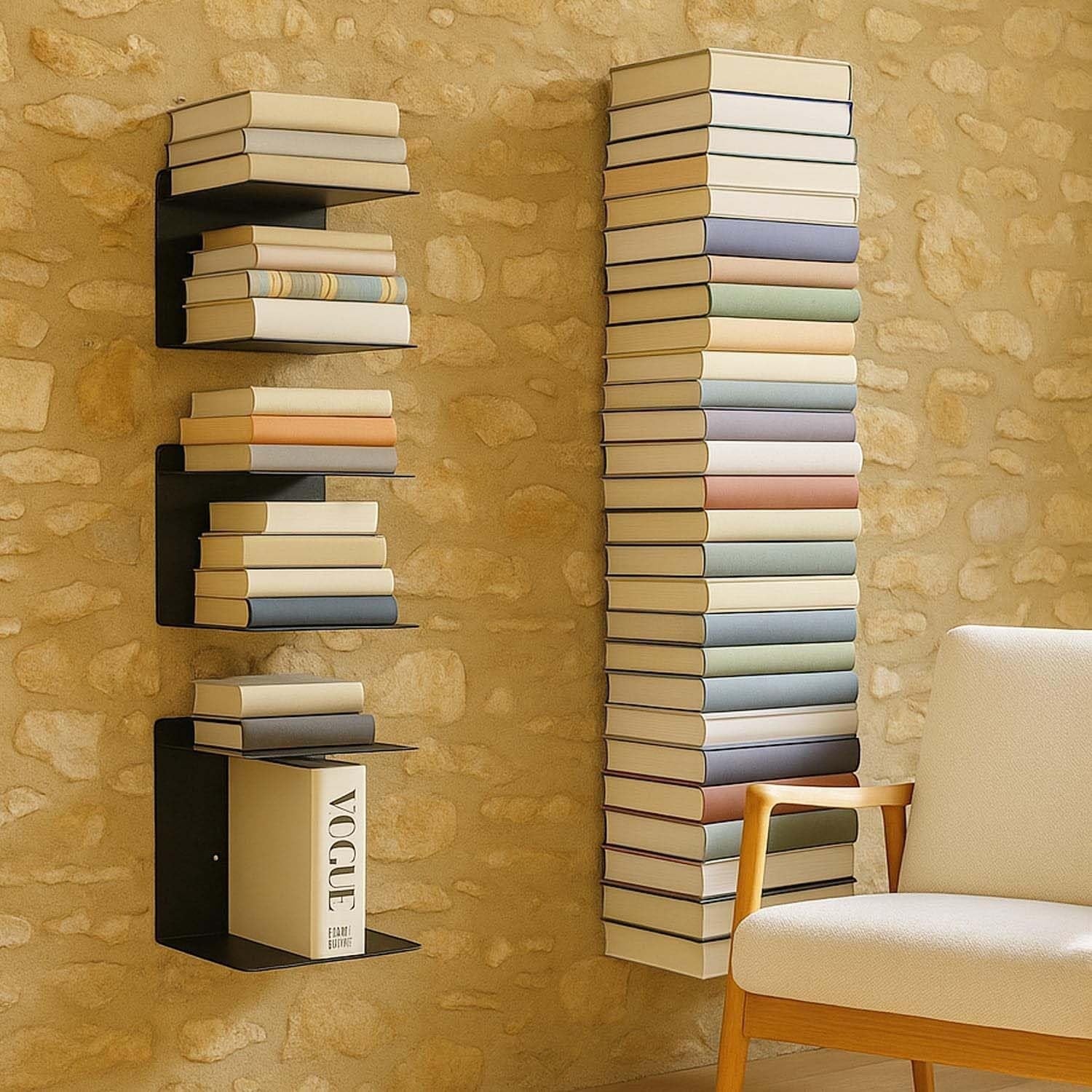 GoHooked black heavy duty metal wall mounted shelves holding books and a Vogue magazine.
