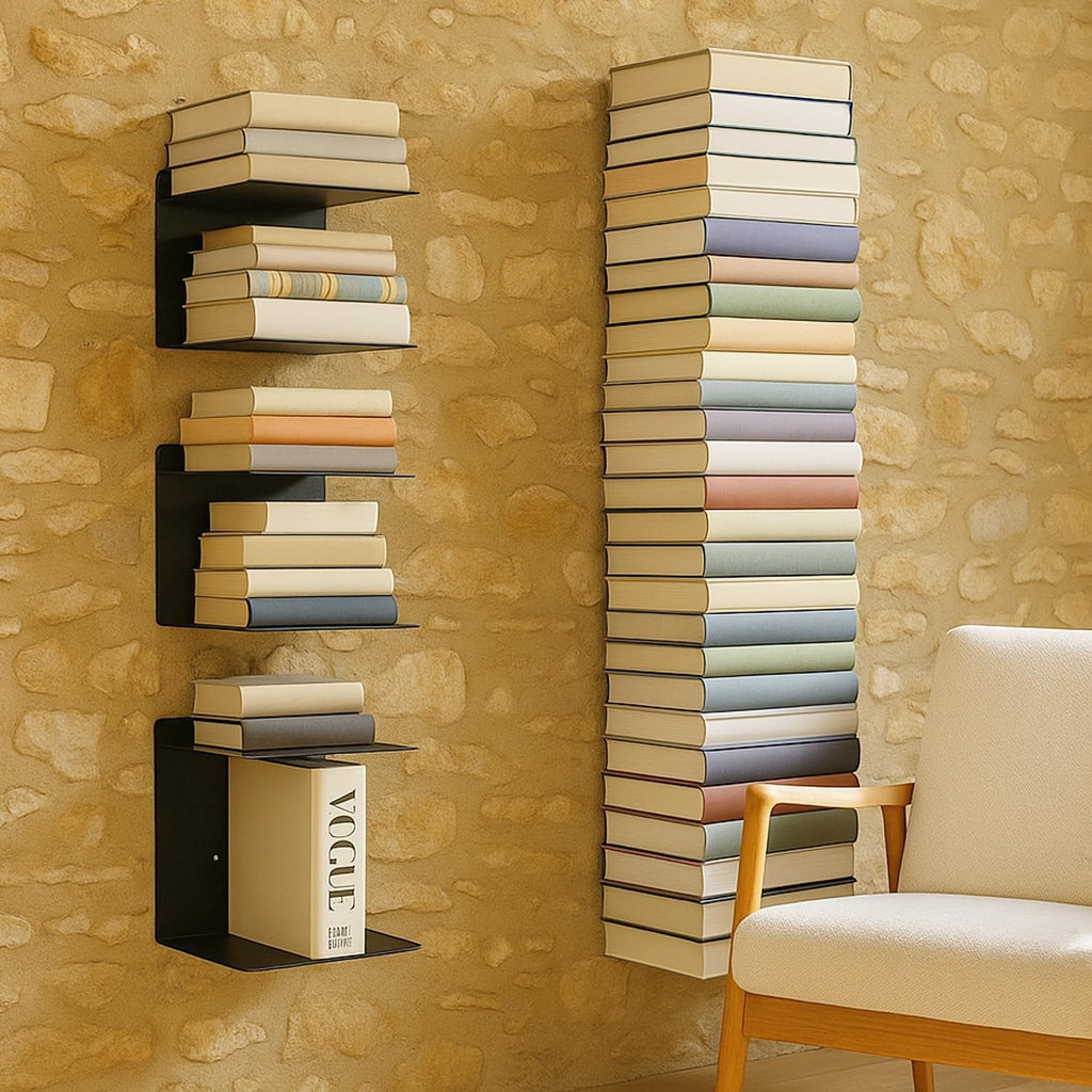 GoHooked black heavy duty metal wall mounted shelves displaying books and a Vogue magazine.