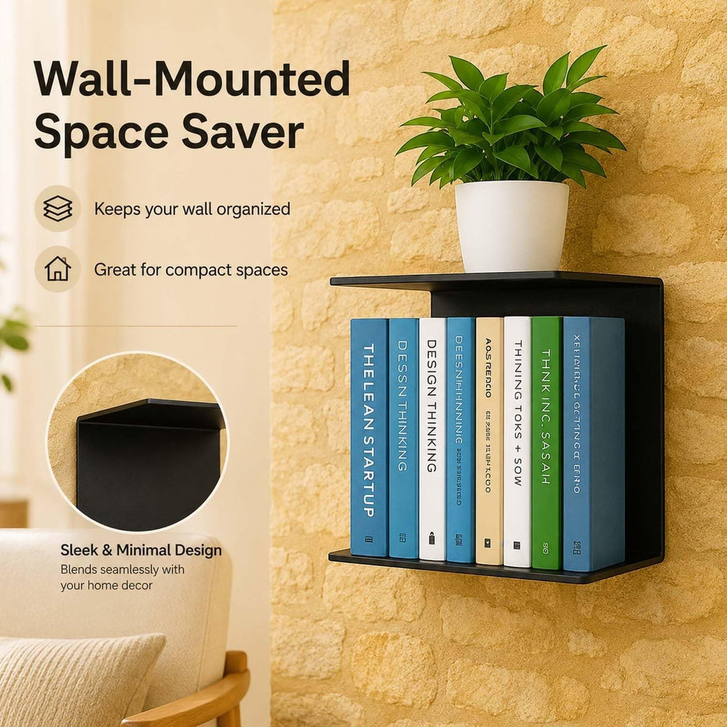GoHooked black heavy duty metal wall mounted shelf with books and a potted plant.