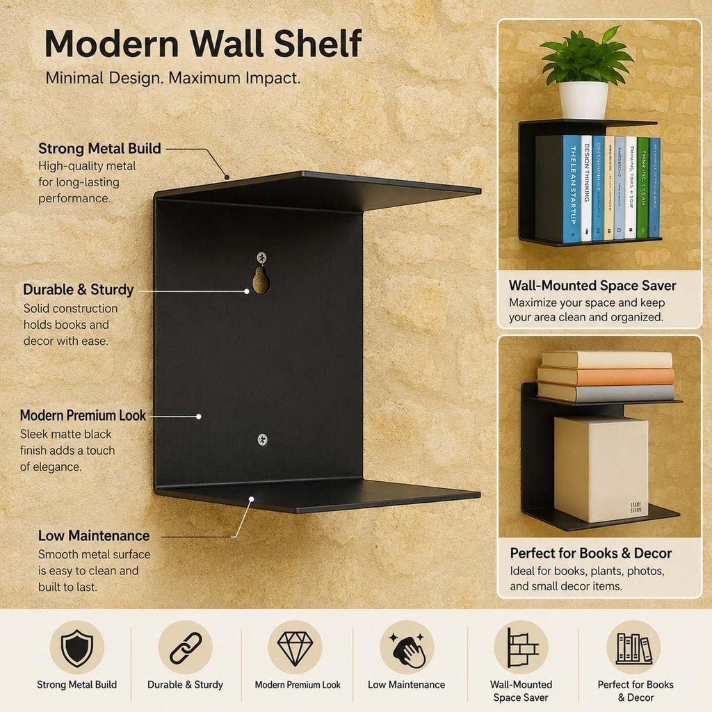 GoHooked black heavy duty metal wall mounted shelf for books, plants, and decor. Modern, durable, and space-saving.