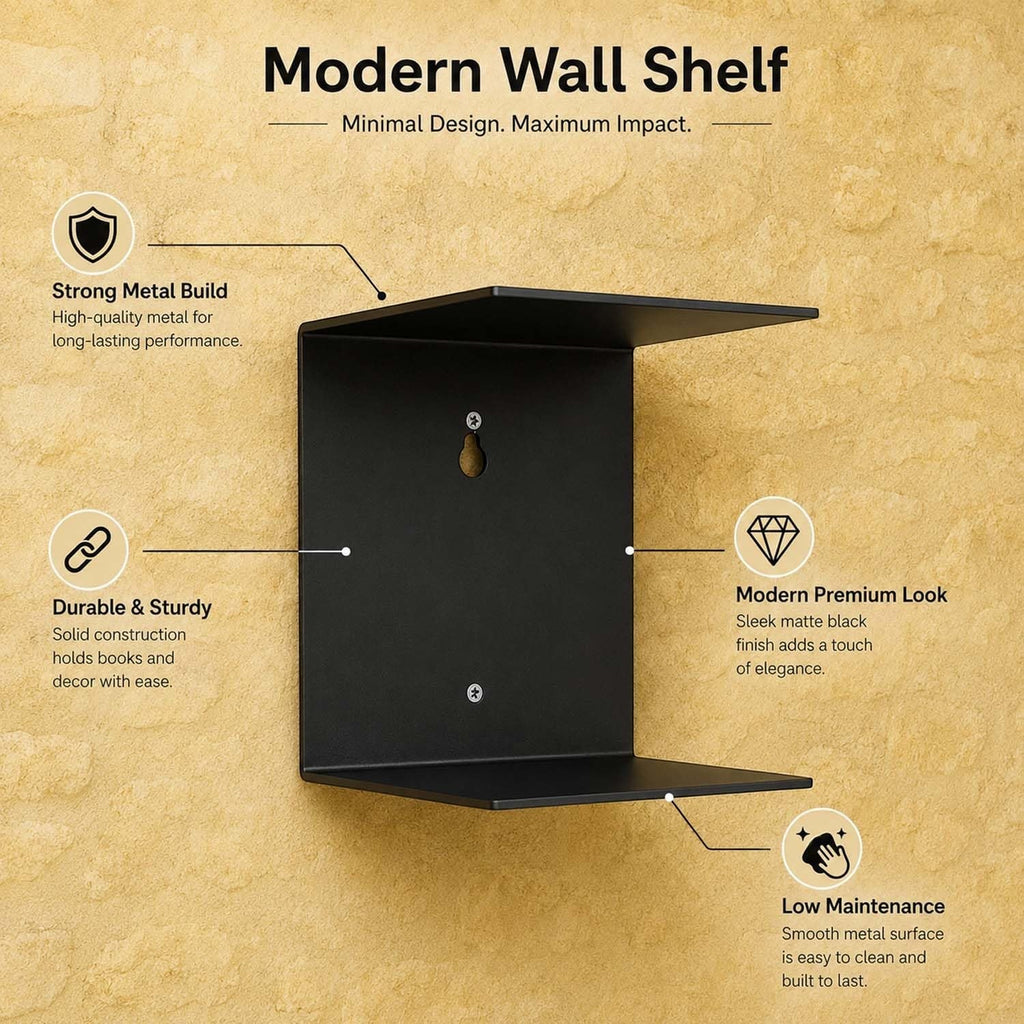 GoHooked black heavy duty metal wall shelf, cubical shape, modern matte finish, ideal for books and decor.