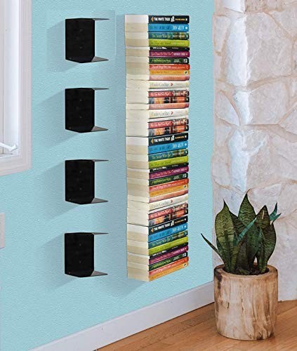 GoHooked black heavy duty iron wall mounted book shelves, 6 inch wide, set of 4, for study or living room.