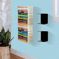 GoHooked black heavy duty iron wall mounted book shelves, set of 2, holding a stack of books.