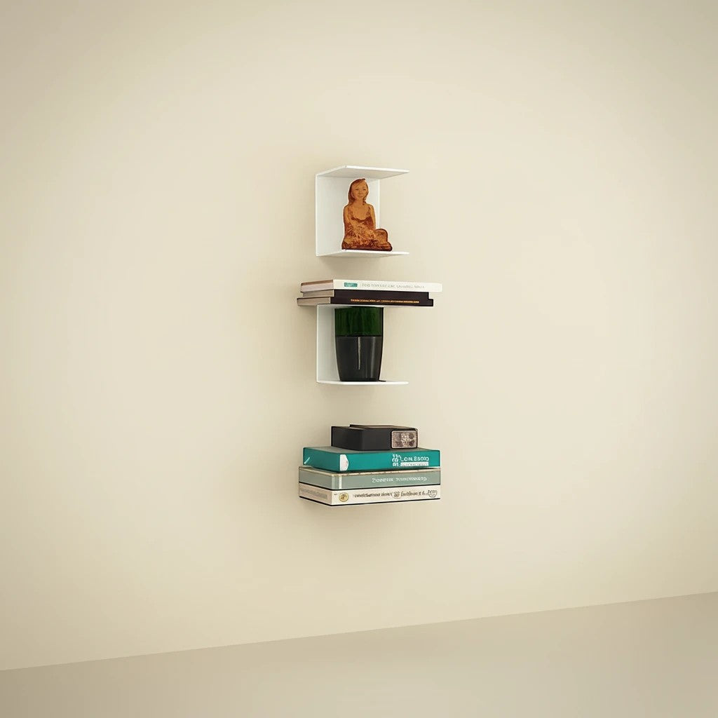 Go Hooked heavy duty black iron wall shelves displaying books, a plant, and a decorative statue.
