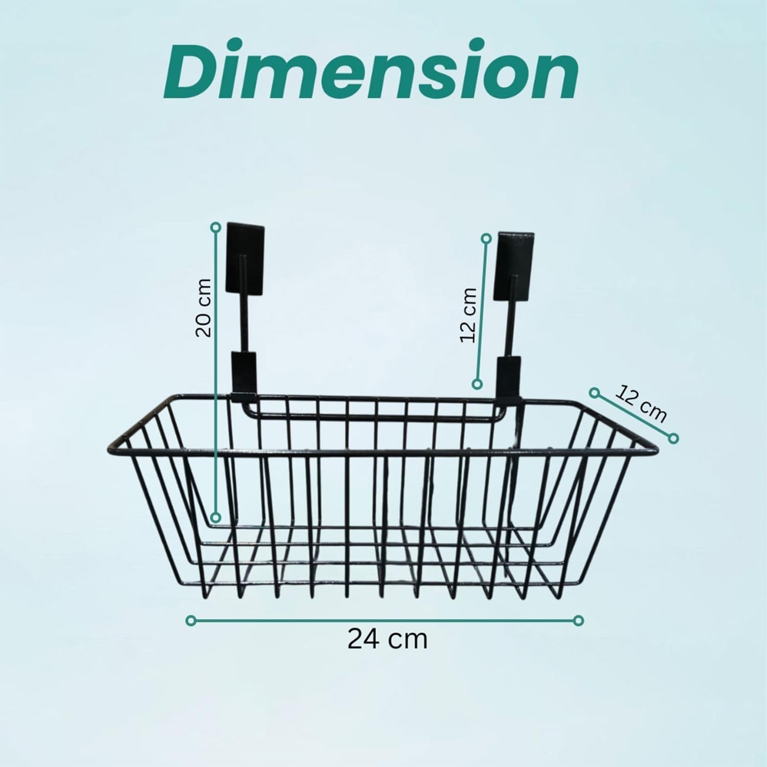 GoHooked black metal wire over-the-door basket organizer, 24cm L x 12cm W x 10cm D, for kitchen, pantry, bathroom storage.