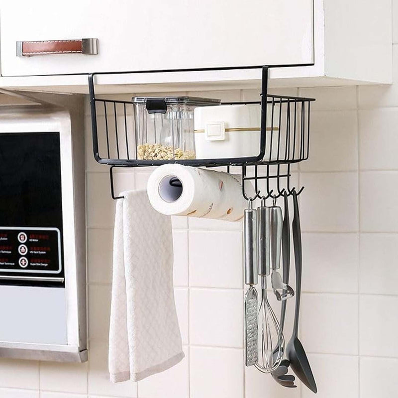 GoHooked black metal wire under shelf basket organizer with hooks holding kitchen utensils and paper towel roll.