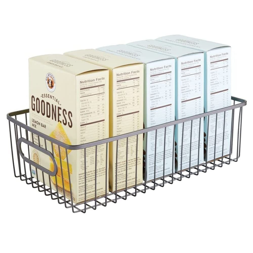GoHooked black metal wire grid basket organizer holding boxes of baking mix. Features handles on sides.