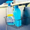 Go Hooked black metal wire over-the-door basket holding cleaning spray and blue water bottle.