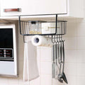 GoHooked black metal wire under shelf basket organizer with hooks holding kitchen utensils and paper towel roll.