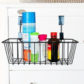GoHooked black metal wire over-the-door basket organizer holding bottles and cans. Space-saving storage.