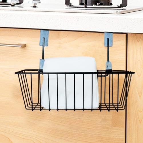 GoHooked black metal wire over door basket organizer for kitchen or bathroom storage. Set of 3.