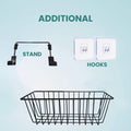 Go Hooked black metal wire hanging basket with stand and hooks. Multipurpose organizer for kitchen, pantry, bathroom.