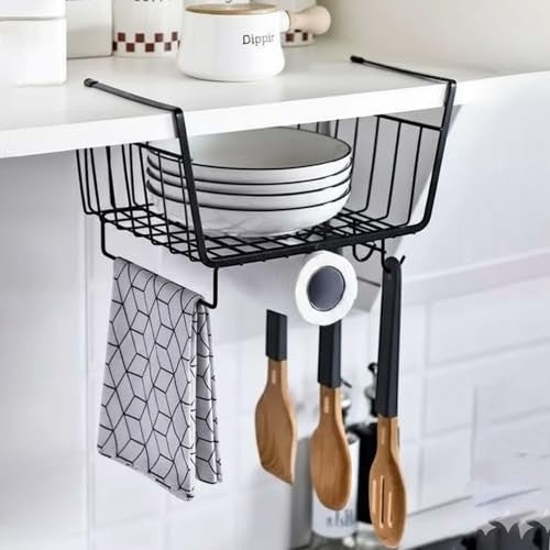 GoHooked black metal wire under shelf hanging basket organizer with hooks holding bowls, paper towel, and utensils.
