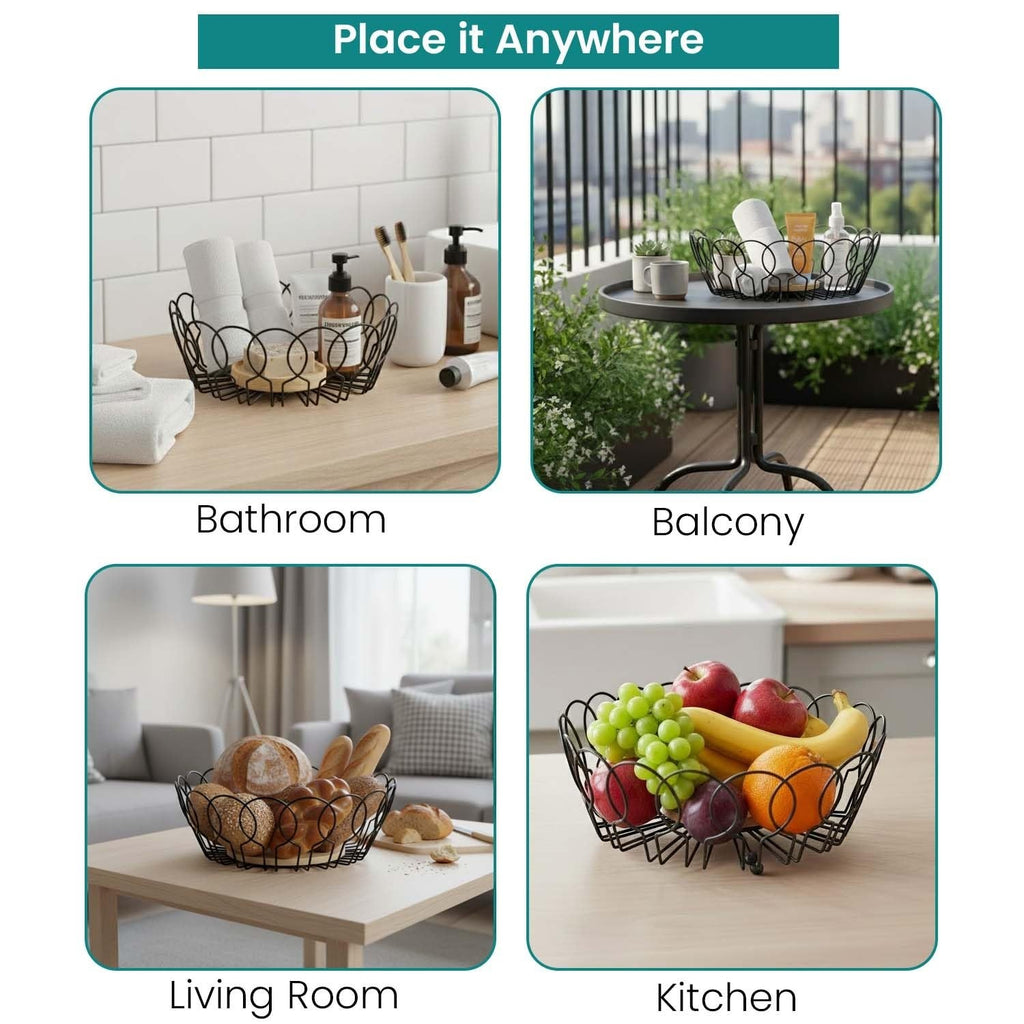 Go Hooked black metal wire fruit basket with decorative edge and wooden base, 10-inch diameter, open design for airflow.