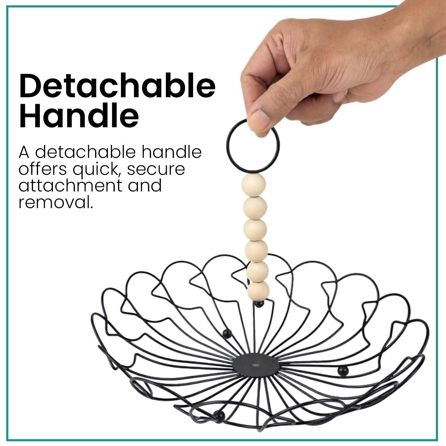 GoHooked black metal wire fruit basket with detachable wooden bead handle for kitchen counter storage.