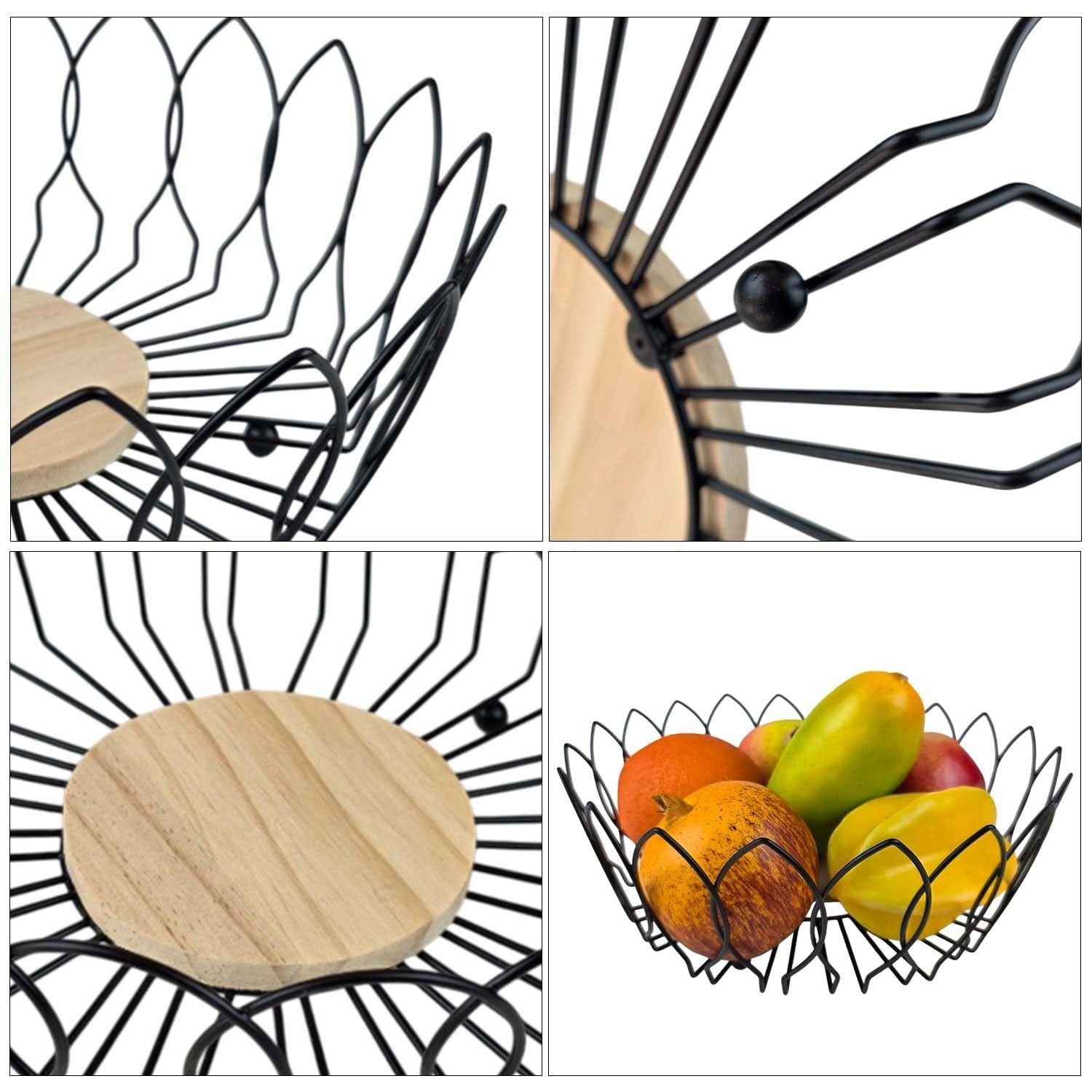 Go Hooked black metal wire fruit basket with a natural wood base, open design for airflow. Holds fruits.