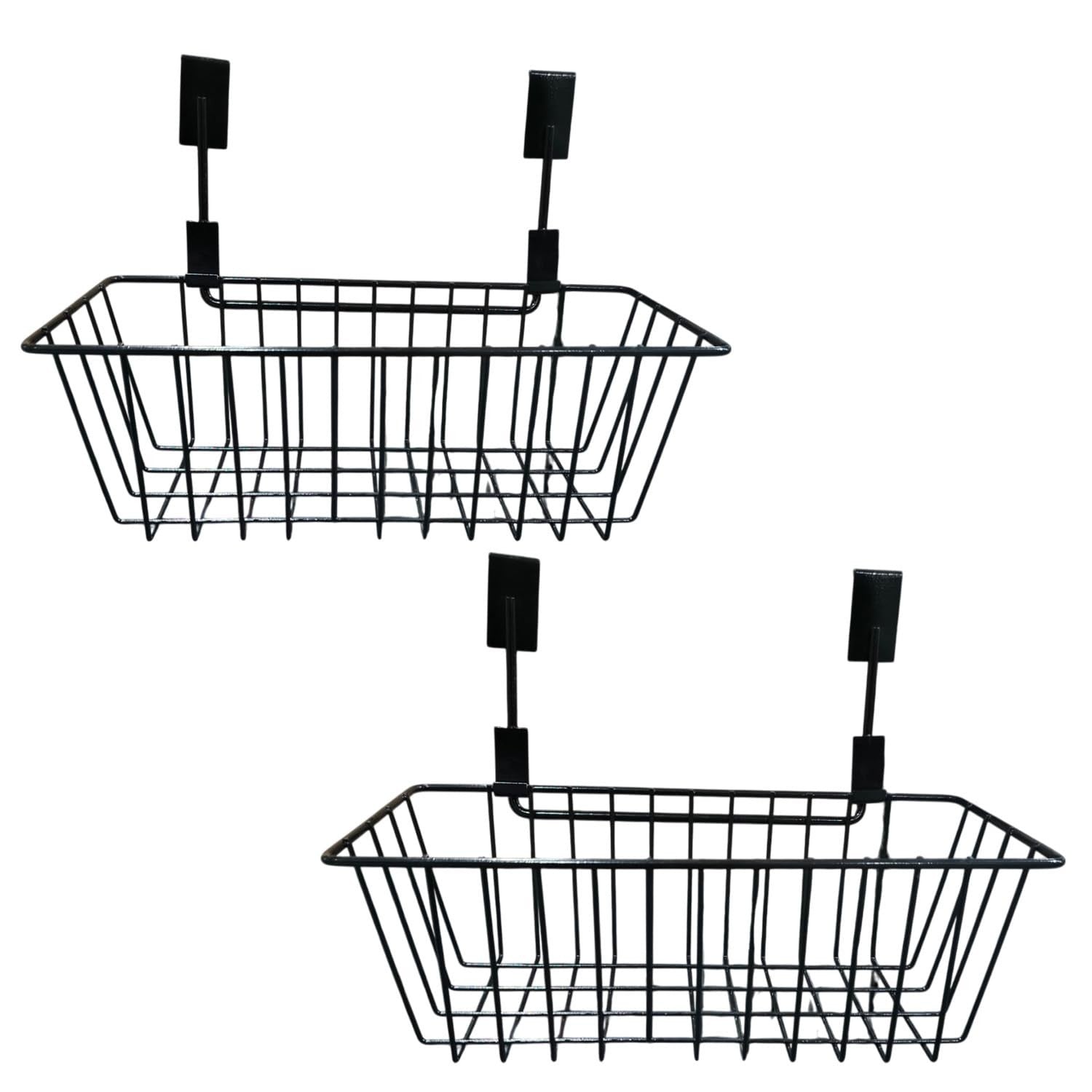 GoHooked black metal wire over the door storage basket, set of 2, for kitchen, pantry, bathroom organization.