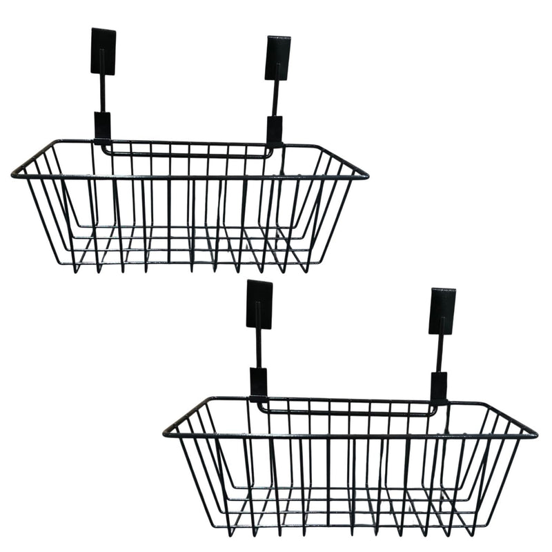GoHooked black metal wire over the door storage basket, set of 2, for kitchen, pantry, bathroom organization.