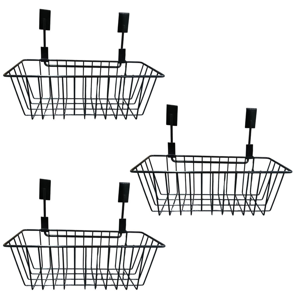 GoHooked black metal wire over door basket set of 3, multipurpose hanging cabinet organizer for kitchen, pantry, bathroom storage.