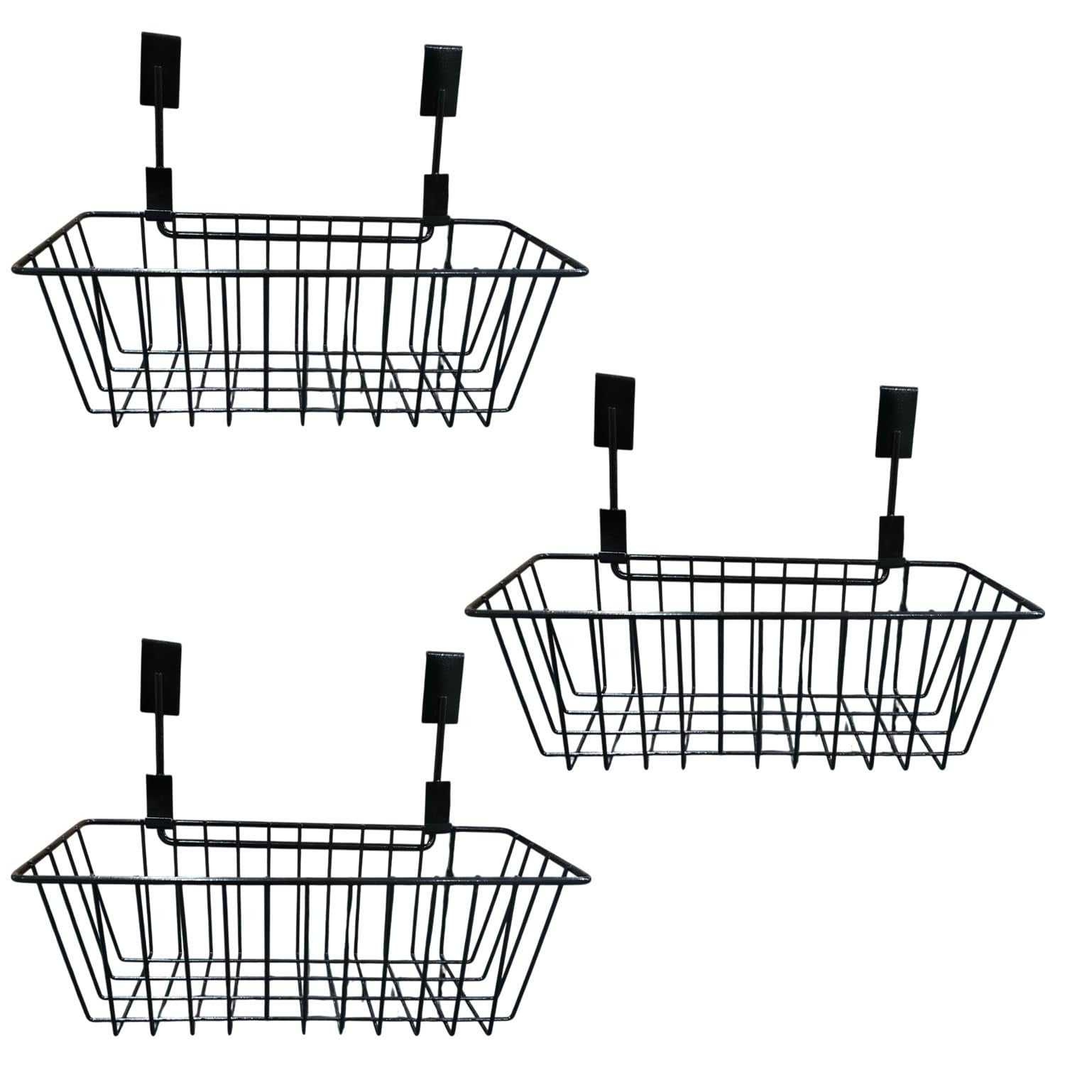 GoHooked black metal wire over door basket set of 3, multipurpose hanging cabinet organizer for kitchen, pantry, bathroom storage.