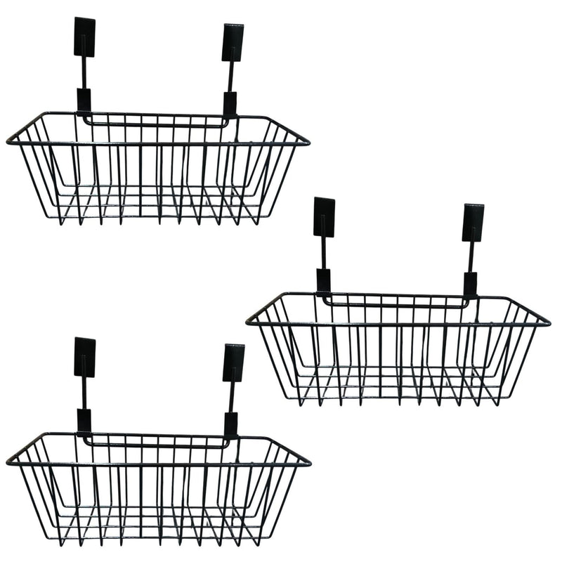 GoHooked black metal wire over door basket set of 3, multipurpose hanging cabinet organizer for kitchen, pantry, bathroom storage.