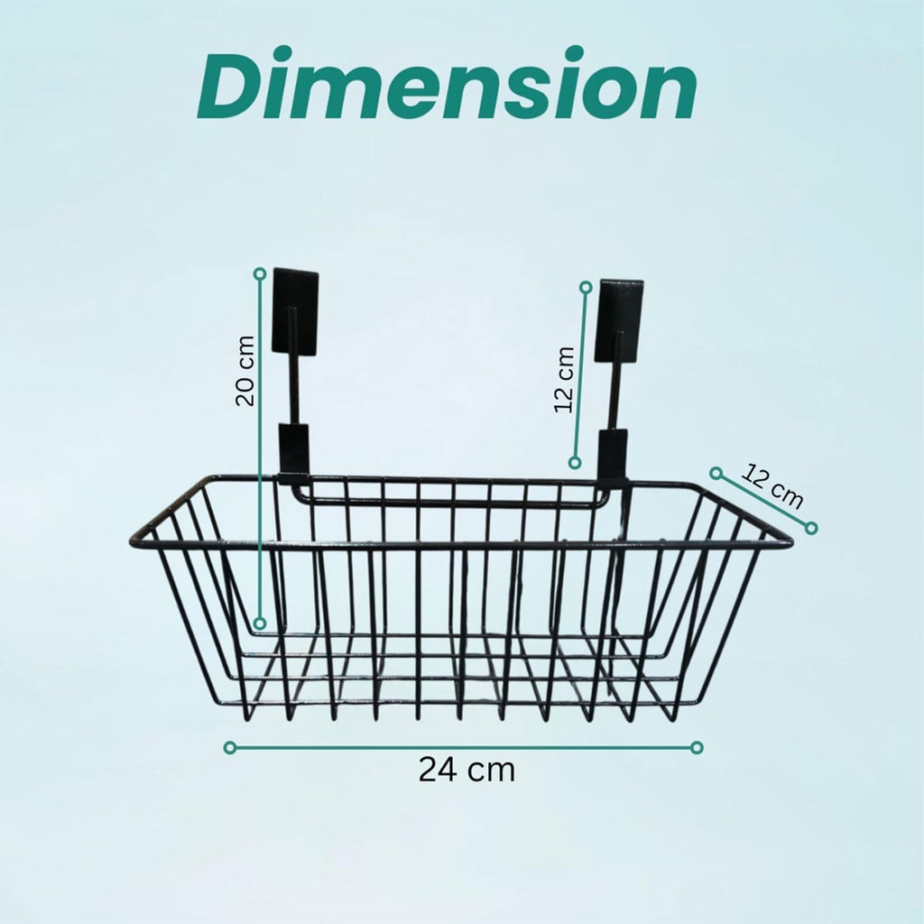 GoHooked black metal wire over-the-door storage basket, 24cm wide, 12cm deep, 20cm hanging height.
