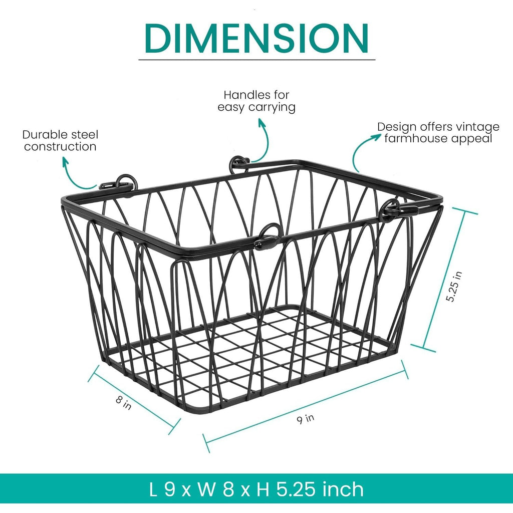 GoHooked black metal wire storage basket with handles, farmhouse style, 9" L x 8" W x 5.25" H.