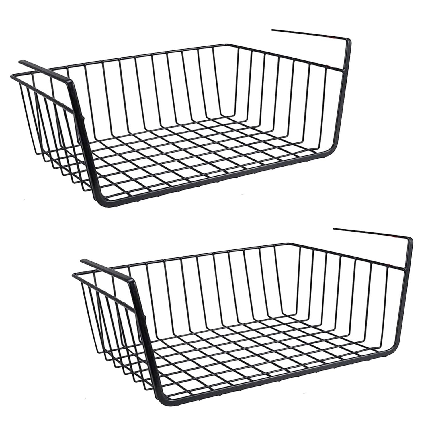 GoHooked black metal wire undershelf storage basket, pack of 2. Ideal for cabinets, pantries, and closets.