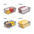 GoHooked black metal wire grid storage basket with handles, shown organizing bath items, closet accessories, baby shoes, and office envelopes.