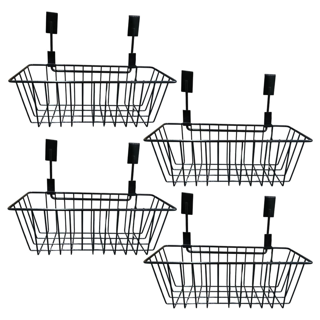 GoHooked black metal wire over-the-door storage baskets, set of 4. Deep design for kitchen, pantry, or bathroom organization.