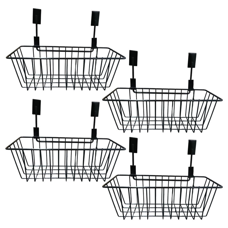 GoHooked black metal wire over-the-door storage baskets, set of 4. Deep design for kitchen, pantry, or bathroom organization.
