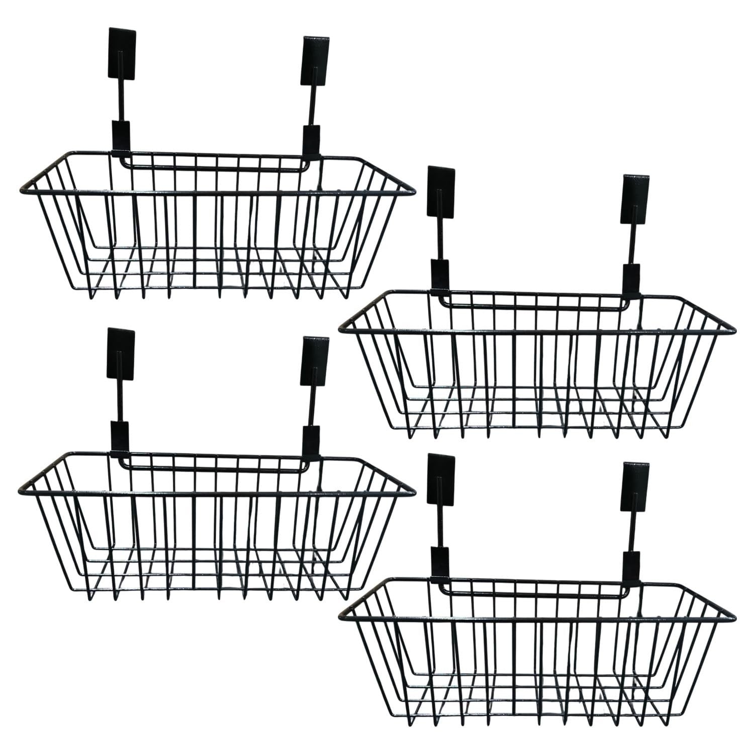 GoHooked black metal wire storage basket with hanging hooks, set of 4. Rectangular shape, ideal for organizing toys, snacks, or bathroom items.
