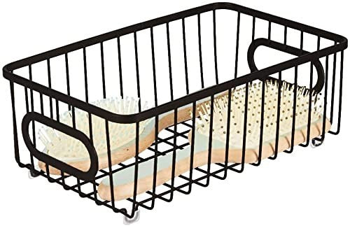 GoHooked black metal wire storage basket with handles, holding two hair brushes. Set of 2.