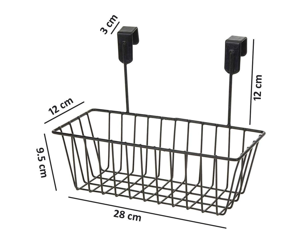 GoHooked black mild steel over the cabinet hanging storage basket organizer. Measures 28cm x 12cm x 9.5cm.