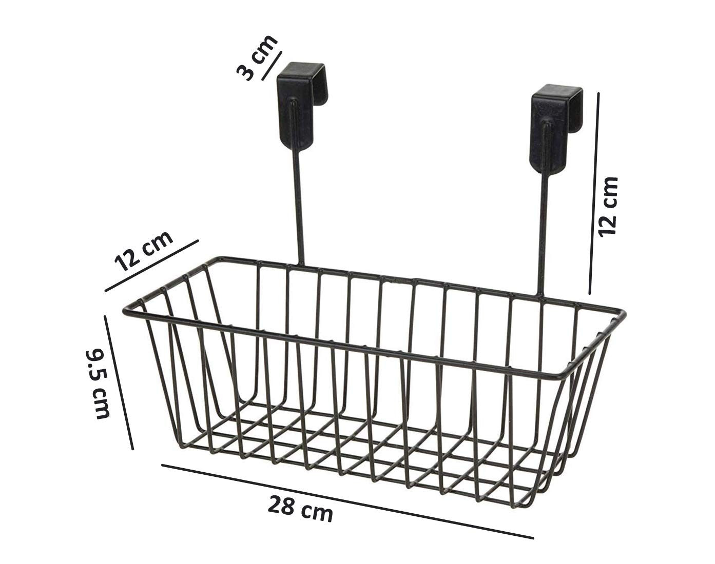 GoHooked black mild steel over the cabinet hanging storage basket organizer. Measures 28cm x 12cm x 9.5cm.