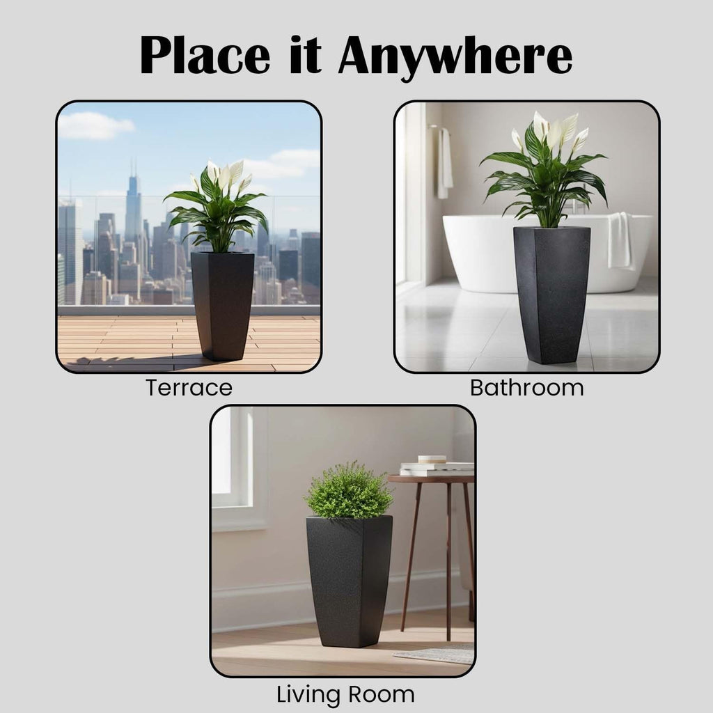 GoHooked black modern square polymer planter with textured finish, shown on a terrace, in a bathroom, and in a living room.
