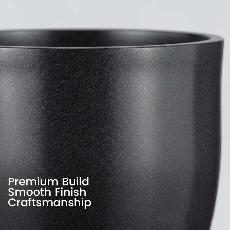 GoHooked Pluto 12-inch black polymer planter pot with a speckled matte finish and drainage hole.