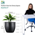 GoHooked Pluto 17-inch black modern round polymer planter pot with a plant inside, shown next to a desk.