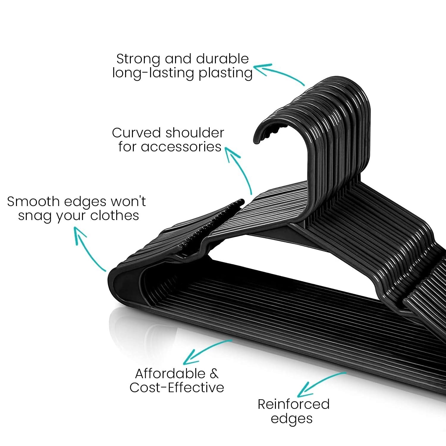 GoHooked black plastic hangers with non-slip grooves and smooth edges for coats, suits, and dresses. Pack of 24.