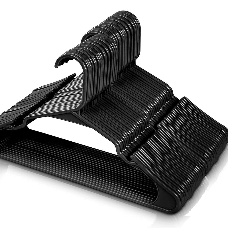 GoHooked black plastic hangers with non-slip grooves, pack of 36. Heavy duty, space-saving design for coats, suits, dresses, pants, and shirts.