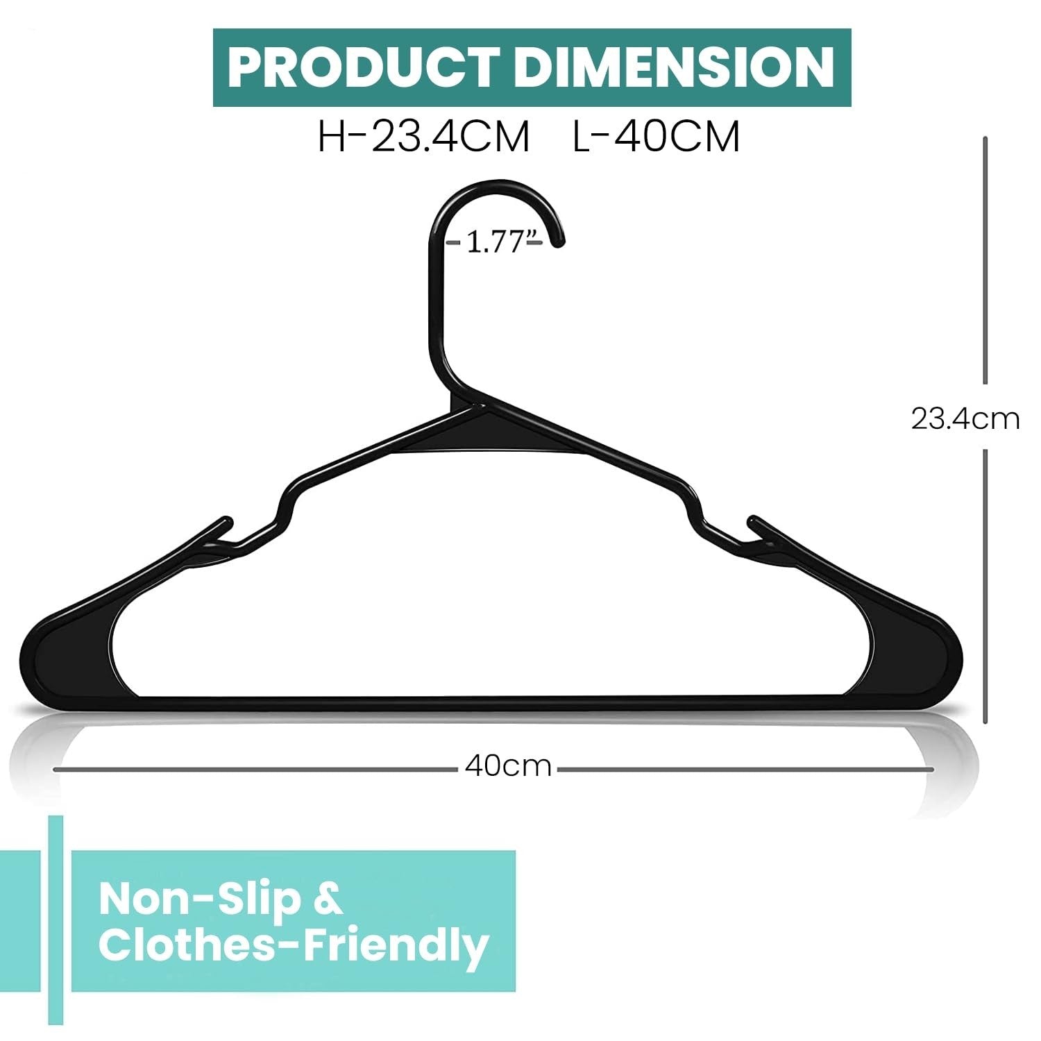 GoHooked black plastic hangers with non-slip grooves for coats, suits, and dresses. Pack of 36.