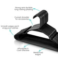 GoHooked black plastic hangers with non-slip grooves and reinforced edges for coats, suits, and dresses. Pack of 12.