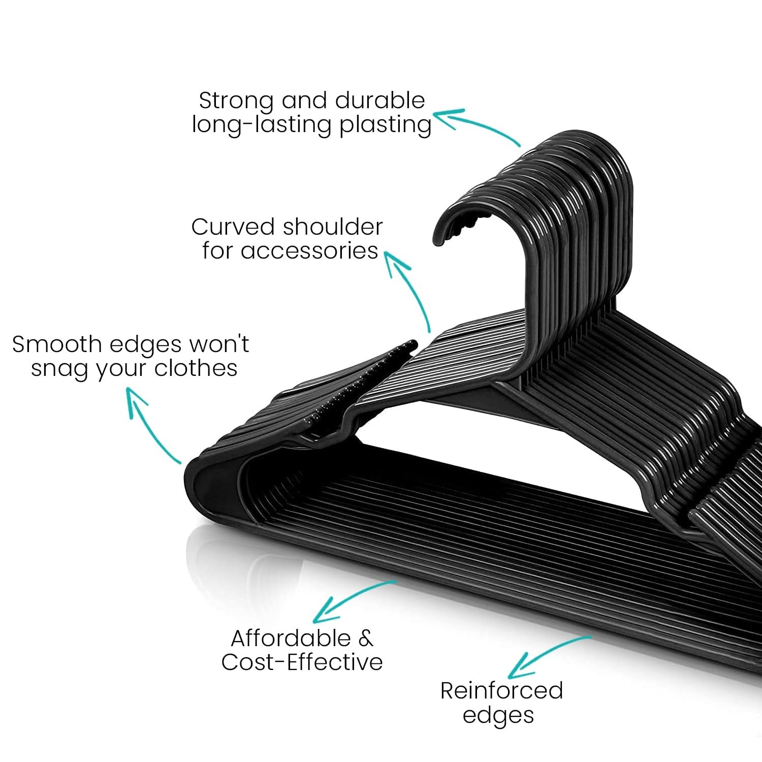 GoHooked black plastic hangers with non-slip grooves and reinforced edges for coats, suits, and dresses. Pack of 12.