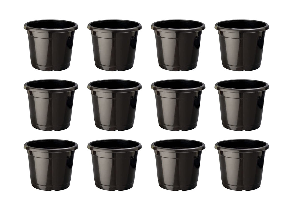 GoHooked 12 black plastic nursery pots with drainage holes, ideal for seedlings and indoor/outdoor plants.