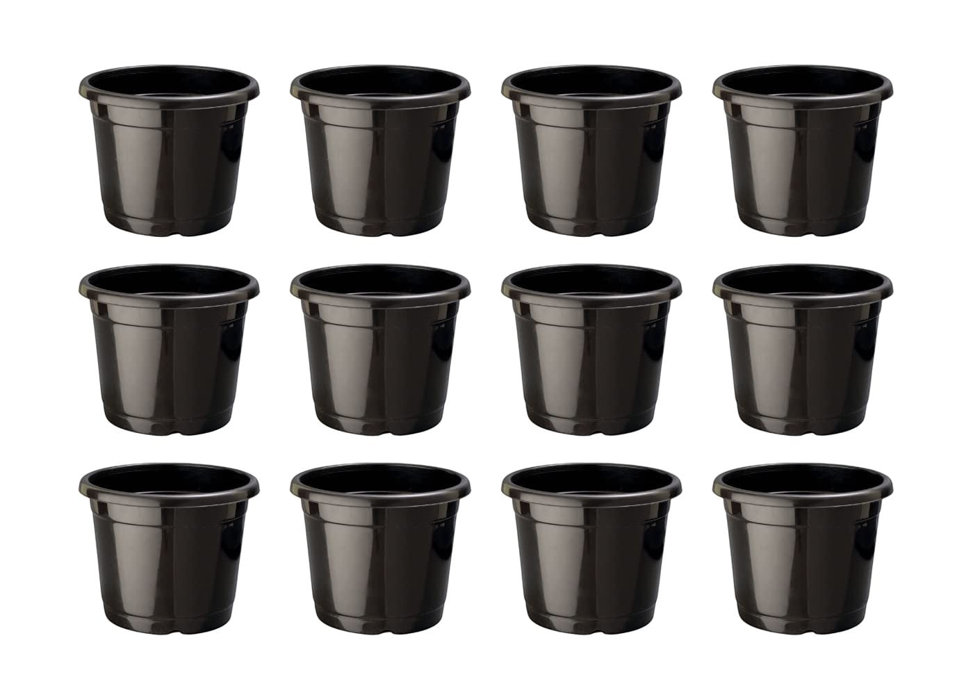 GoHooked 12 black plastic nursery pots with drainage holes, ideal for seedlings and indoor/outdoor plants.