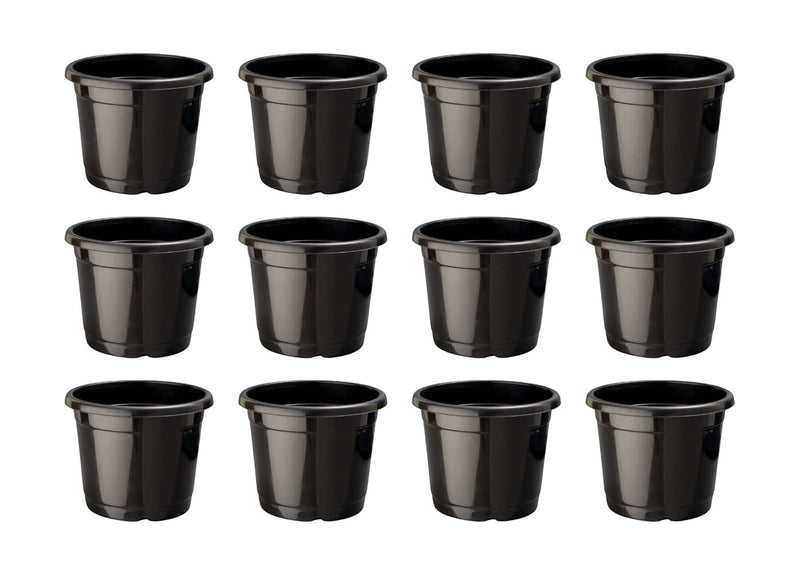 GoHooked 12 black plastic nursery pots with drainage holes, ideal for seedlings and indoor/outdoor plants.