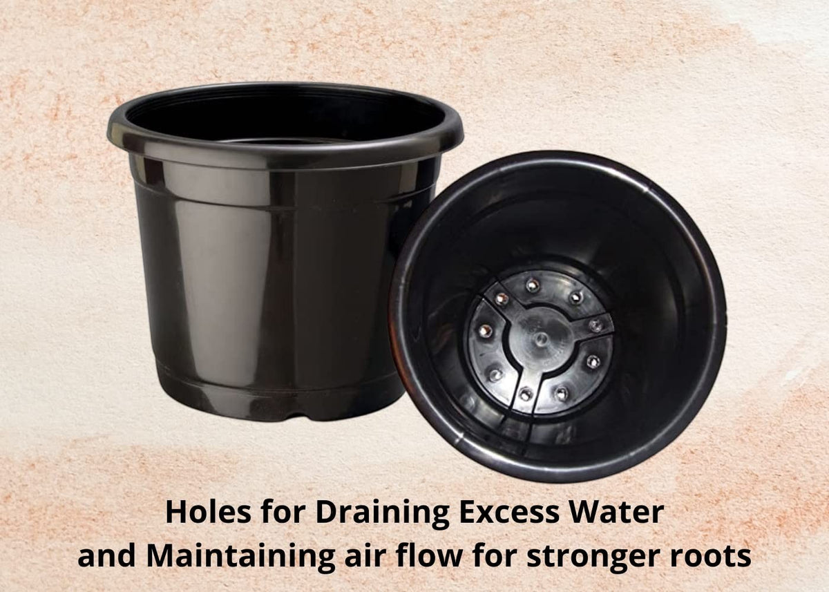 GoHooked 12 black plastic nursery pots with drainage holes for seedlings and indoor/outdoor plants.